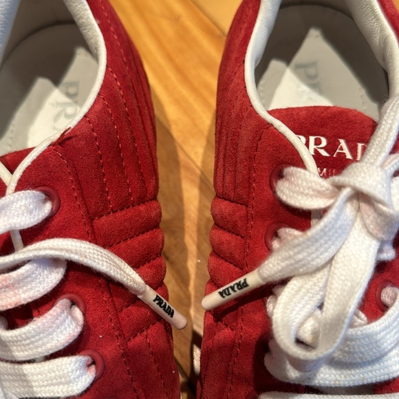 Prada Programme red suede quilted/channeled lace up low top sneakers 37 1/2 - Picture 8 of 11